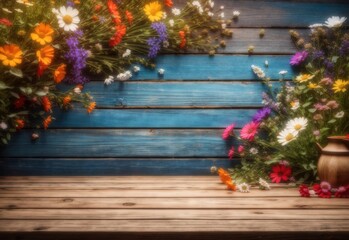 Fototapeta premium Wildflowers and wooden table background