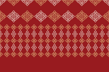 Ethnic geometric fabric pattern Cross Stitch.Ikat embroidery Ethnic oriental Pixel pattern red background. Abstract,vector,illustration. Texture,clothing,frame,decoration,motifs,silk wallpaper.