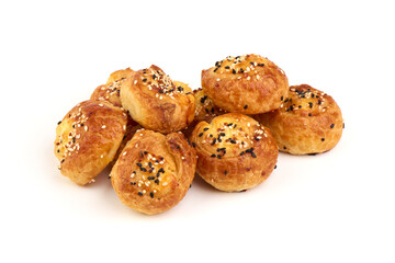 Fresh homemade buns with cottage cheese, close-up, isolated on white background.
