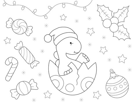 Baby Dinosaur Christmas Coloring Page. You Can Print It On 8.5x11 Inch Paper