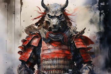 Watercolor drawing of kobold samurai in red armor - obrazy, fototapety, plakaty