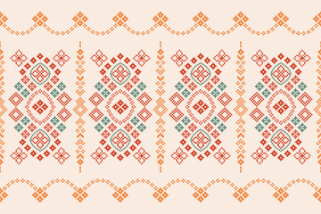 Ethnic geometric fabric pattern Cross Stitch.Ikat embroidery Ethnic oriental Pixel pattern brown cream background. Abstract,vector,illustration. Texture,clothing,frame,motifs,silk wallpaper.