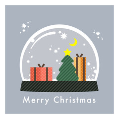 Merry Christmas material. Vector cartoon illustration of a glass snow globe with presents and a Christmas tree and the moon with a star inside. isolated on background.