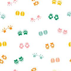 Fototapeta na wymiar Colorful animal paw print seamless fabric design white background pattern