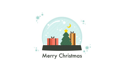 Merry Christmas material. Vector cartoon illustration of a glass snow globe with presents and a Christmas tree and the moon with a star inside. isolated on background.