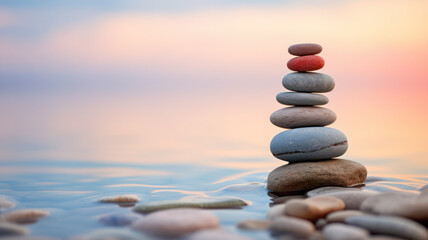 Fototapeta premium Zen stone tower with peaceful sea and sky bokeh