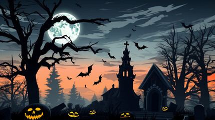 Fototapeta premium Happy Halloween haunted house , moon night, bat & pumpkin background