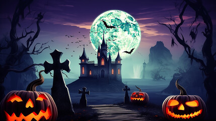 Happy Halloween haunted house , moon night, bat & pumpkin background