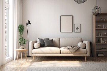 A horizontal mock-up of a blank poster on a beige wall in a traditional living room. Generative AI
