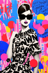 op collage Illustration of a beautiful female fashion model with sunglasses over colorful and vibrant patterns and shapes, Fashion, pop art
