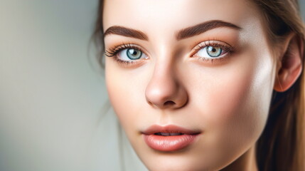 Fototapeta premium Close-up portrait of a young woman with clean skin looking directly into the lens on a light background.