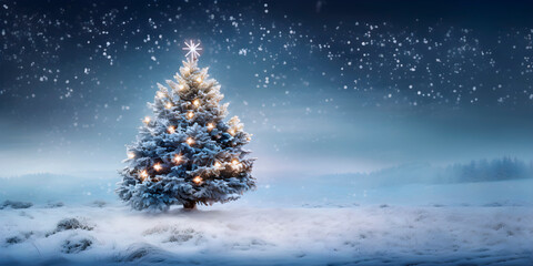 Snowy landscape with a Christmas tree in the foreground.