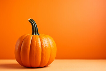 pumpkin on orange background, banner with copy space