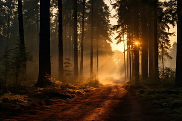Fototapeta premium Misty Morning in the Autumn Forest Generative AI