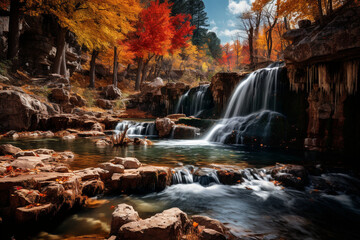 Cascading Waterfall Surrounded by Autumn Colors Generative AI