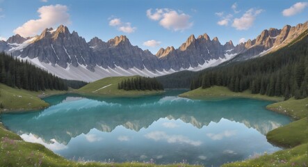 Naklejka na ściany i meble Reflection of Majestic Mountain Peaks in Tranquil Alpine Lake with Wildflower Meadow