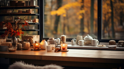 Fototapeta na wymiar cozy kitchen with autumn view, banner with copy space