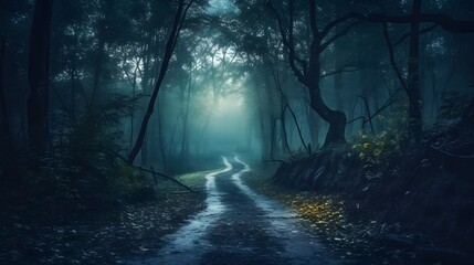 Fototapeta premium Mysterious dark forest with fog and road. Halloween concept. Mystical dark scary forest with fog and footpath. Halloween background.