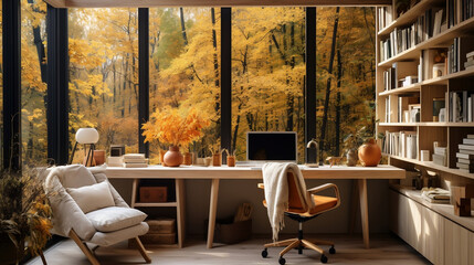 cozy modern home office interior, large windows autumn day outside, clean, minimalist style, large bookshelf, work environment, banner with space for copy