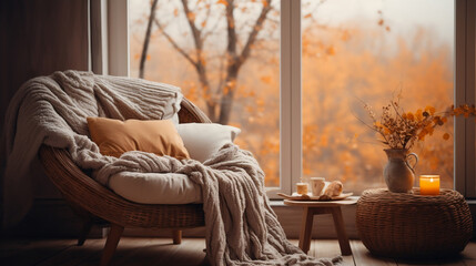 Hygge atmosphere windowsill, armchair by large window, candles and a view of autumn, cozy home interior, banner, copy space 