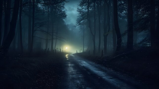 Mystical dark scary forest with fog and footpath. Halloween background. Foggy road in the woods at night, 3d render. 