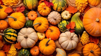 Colorful pumpkins and gourds on autumn market. Autumn background