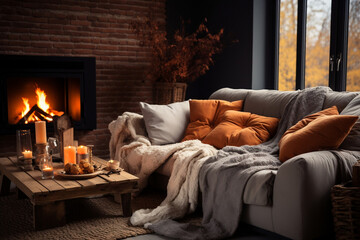 Cozy hygge living room with fireplace, large windows with view of autumn, candles, banner, copy space