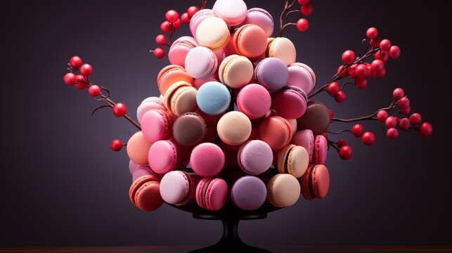 Sweets on the tree. Macaroons and chocolate are hung on the branches. Barbie style pink cakes. Almond biscuits with strawberry flavor. Confectionery or bakery advertising banner concept.