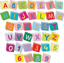 Funny font baby cubes and English alphabet with numbers for little kids, a vector set of colorful bricks with letters isolated on a white background