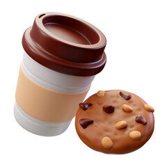 3d rendering icon of delicious coffee and chocolate chip cookie mug
