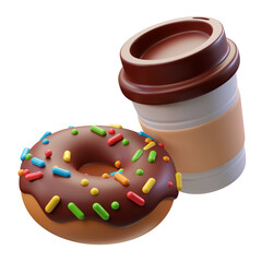 3d rendering icon of delicious coffee cup and chocolate donut
