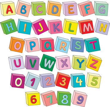 Funny font baby cubes and English alphabet with numbers for little kids, a vector set of colorful bricks with letters isolated on a white background