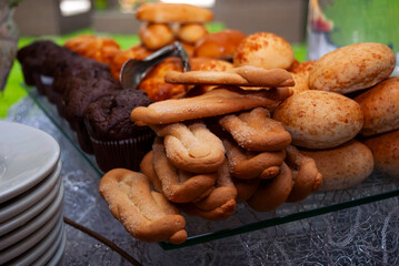 Group of sweet breads gathered in a garden space, a source of calories and sugar, traditional breads in Guatemala to accompany coffee. - 632740425