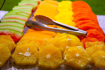 group of fresh fruit served in an elegant buffet, party in Guatemala, natural and organic detail, balanced meals. - 632740445