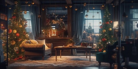 Cozy living room with leather sofa and tea table decorated for Christmas. Festive decoration with Christmas trees and balls.