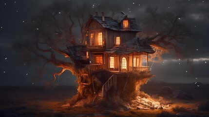 Fototapeta na wymiar Scary haunted tree house.