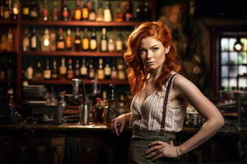 Young woman working as a bartender, red ginger hair, looks a bit cheeky. Blurred alcoholic beverages background. Generative AI