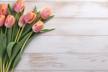 Vibrant Tulip Flowers Adorning White Wooden Table, Copy Space | Created with Generative AI Tools