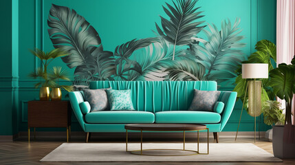 Fototapeta na wymiar modern living room, Turquoise sofa in green living room interior with leaves wallpaper and table. Real photo