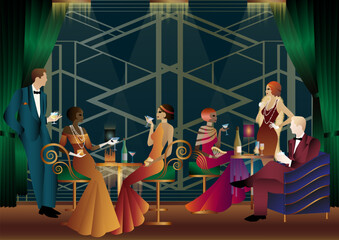 People in a restaurant in the style of the early 20th century. Retro party invitation card. art deco style. vector illustration.