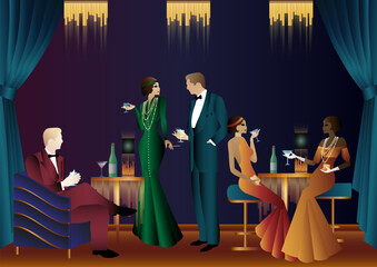 People in a restaurant in the style of the early 20th century. Retro party invitation card. art deco style. vector illustration.
