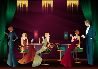 People in a restaurant in the style of the early 20th century. Retro party invitation card. art deco style. vector illustration.