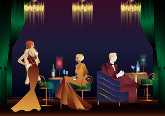 People in a restaurant in the style of the early 20th century. Retro party invitation card. art deco style. vector illustration.