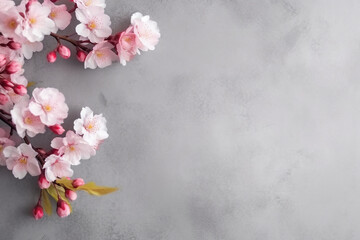 Japanese Sakura Flower Blossom in Corner over Grey Background - Large Copy Space, Created with Generative AI Tools