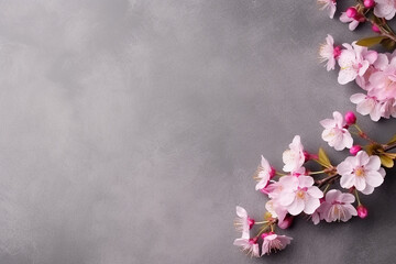 Fototapeta na wymiar Japanese Sakura Flower Blossom in Corner over Grey Background - Large Copy Space, Created with Generative AI Tools