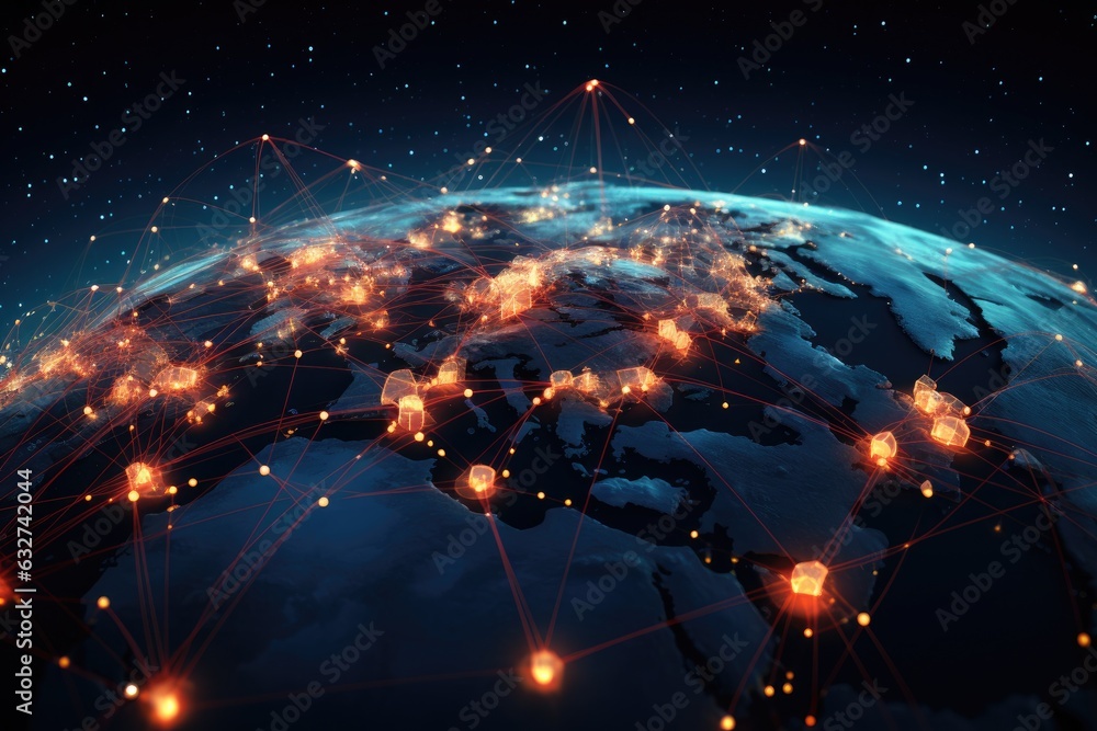 Poster global network connection over the world. 3d rendering toned image, an abstraction of a global world