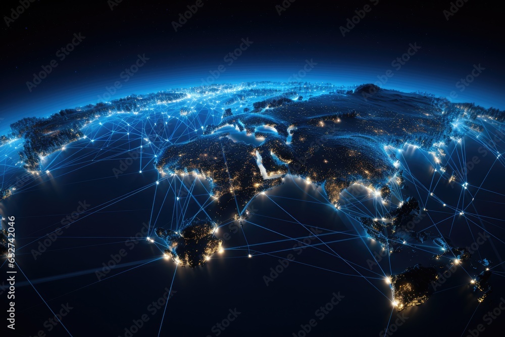 Poster world map with glowing lines representing international connections. an abstraction of a global worl