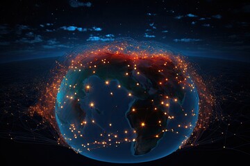 Global network on planet Earth with glowing lines and dots. 3D rendering, An abstraction of a global worldwide telecommunications network with nodes connected all over the Earth, AI Generated