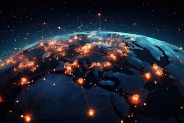 Fototapeta Global network connection over the world. 3d rendering toned image, An abstraction of a global worldwide telecommunications network with nodes connected all over the Earth, AI Generated obraz