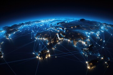 World map with glowing lines representing international connections. An abstraction of a global worldwide telecommunications network with nodes connected all over the Earth, AI Generated